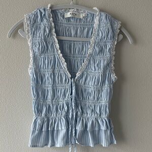 ASTR Light Blue Sleeveless Blouse with Ruffle Trim